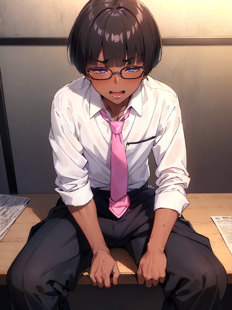(1 feminine boy solo:1.7),(dark skin:1.5),(masterpiece:1.2), highest quality, High resolution, unity 8k wallpaper, (fine and beautiful eyes:1.6), highly detailed face, perfect lighting, Detailed CG, (perfect hands, perfect ???????),20 years old, (black hair:1.3), detailed eyes, best quality, extremely detailed, very precise detailed, (glasses:1.4), (blunt bangs:1.5), (open mouth:1.2), (short hair:1.5), (evil smile:1.4), , (half closed eyes:1.3) ,long sidelocks, (blush:1.3),(sit on desk:1.3),(Put left knee in front:1.5),(boy's school uniform long pant:1.5),(loosen necktie:1.2),spread legs,bend knee,(open shirt:1.3),white eyes