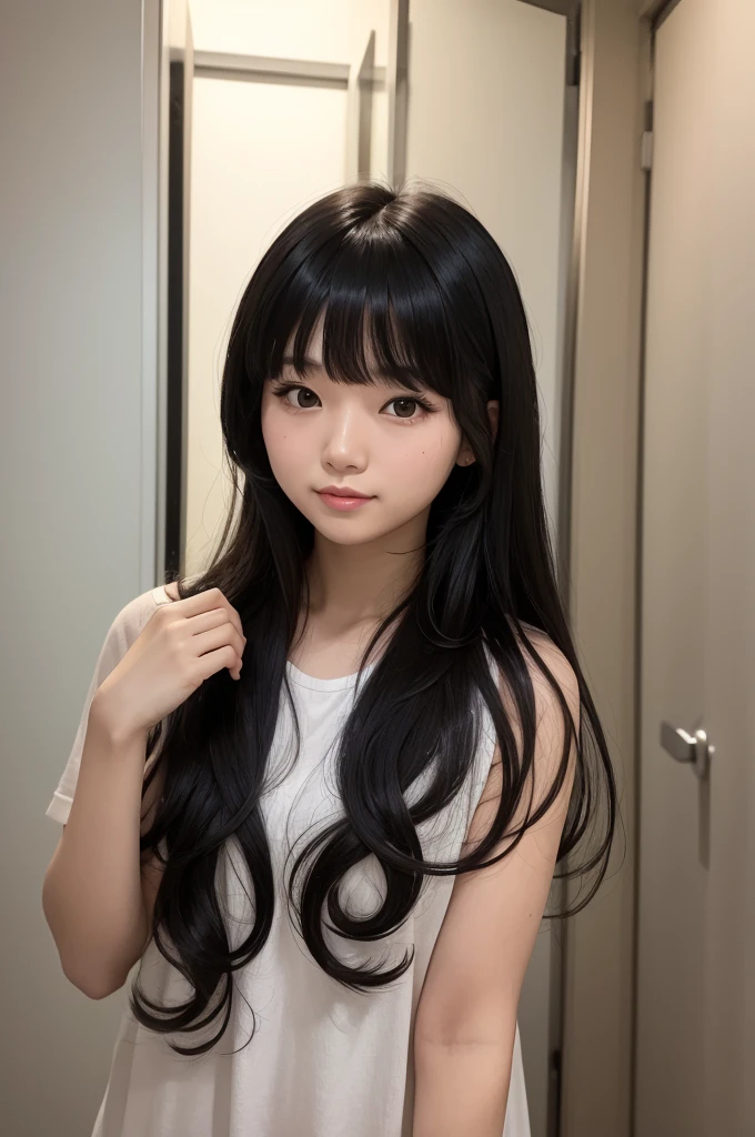 A cute Asian woman with black curly hair with bangs