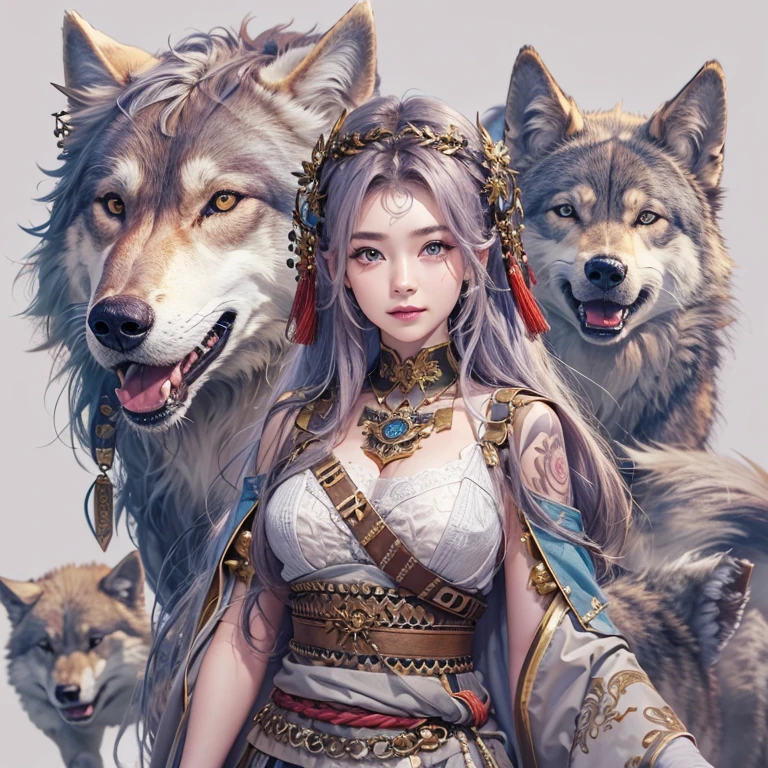 Lakeside surrounded by snowy mountains、Hair flow、 ((highest quality、masterpiece、8k、Best image quality、Ultra-high resolution、Award-winning works)、(Accurate anatomy:1.1)、(Look at me and smile:1.1)、Shining fair skin with Ultra-high resolution、The most detailed face、Ultra-high resolution detailed face、Ultra-high resolutionの髪の毛、(Ultra-high resolutionの煌めく瞳:1.1)、Beautiful face drawn in every detail、Ancient Viking clothing, Chest to chest, tattoo, A real wolf is by your side