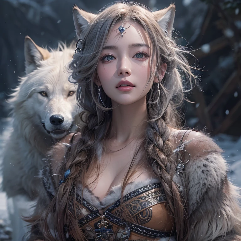 Lakeside surrounded by snowy mountains、Hair flow、 ((Highest quality、masterpiece、8K、Best image quality、Ultra-high resolution、Award-winning works)、(Accurate anatomy:1.1)、(Look at me and smile:1.1)、Shining fair skin with Ultra-high resolution、The most detailed face、Ultra-high resolution detailed face、Ultra-high resolutionの髪の毛、(Ultra-high resolutionの煌めく瞳:1.1)、Beautiful face drawn in every detail、Ancient Viking clothing, Chest to chest, tattoo, A real wolf is by your side