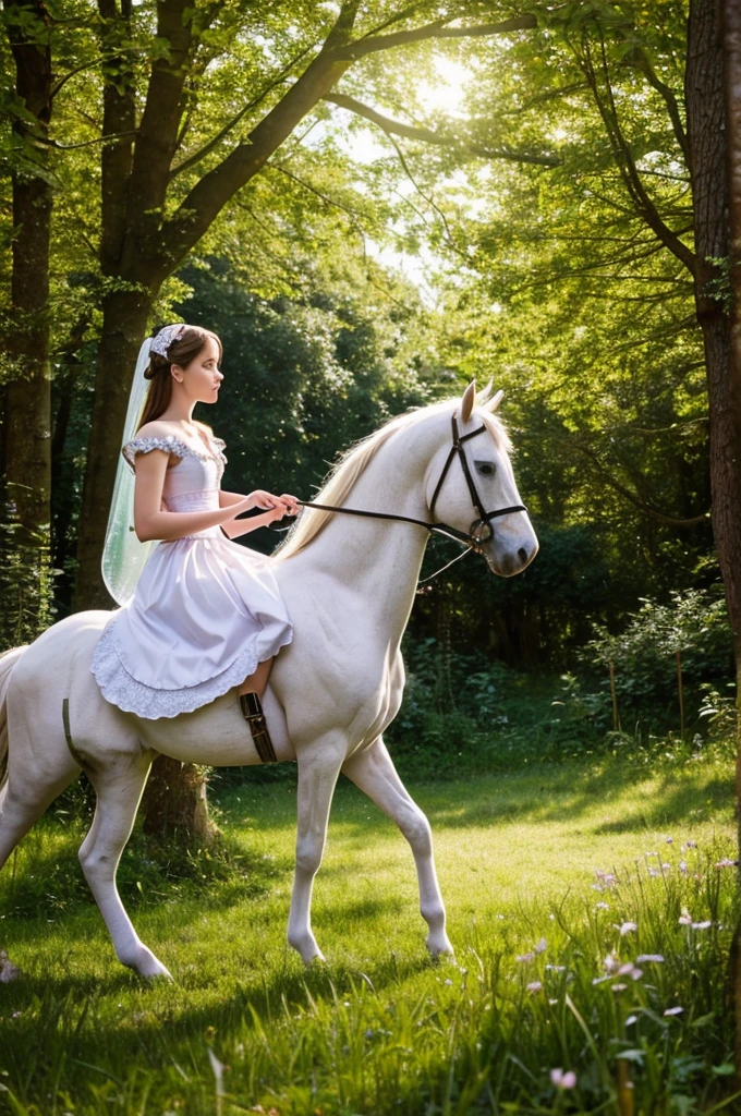 The fairy tale girl is in a clearing talking to a white fairy horse.
