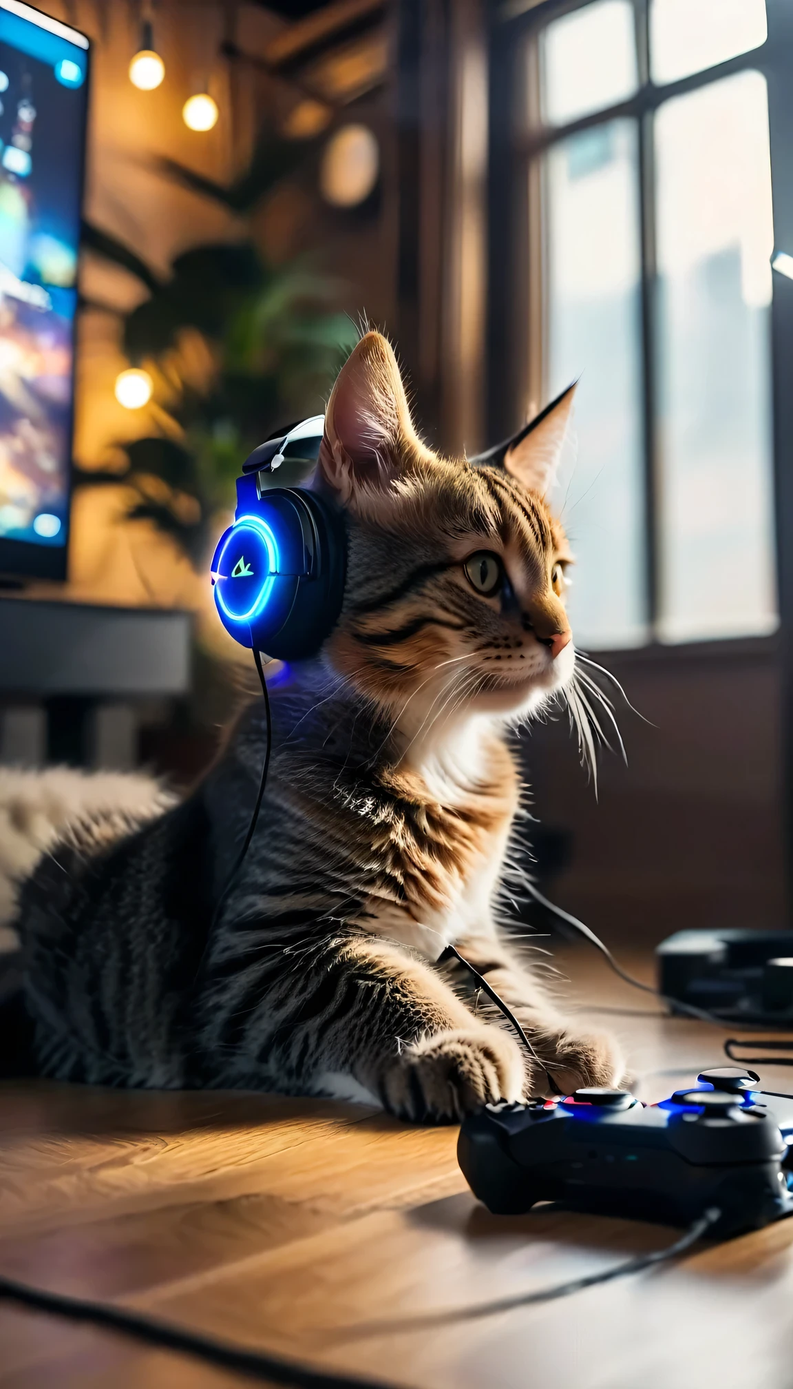 ((8K)), highest quality, 超High resolution, A cat is playing a PlayStation game with headphones in his room。
