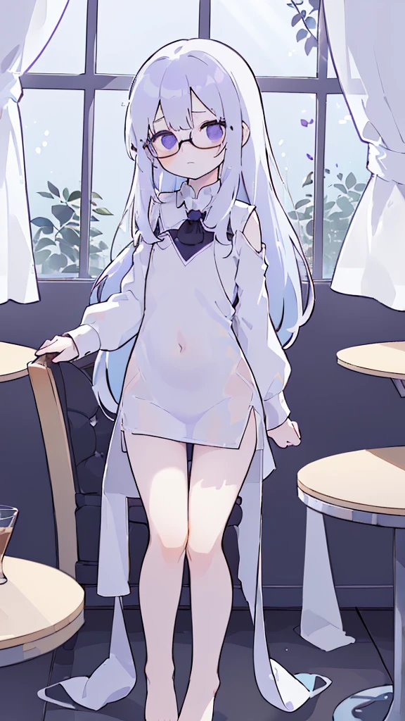 (flat:1.5),(cafe, window, sunlight, table, chair, sedentary:1.5) (BIG ASS, thick thighs:0.7), (warm light source:1.2), intricate details, volumetric lighting, Realism BREAK(masterpiece:1.2), (top quality), 4K, ultra detail, (Dynamic configuration:1.4), Very detailed and colorful details,(rainbow colors:1.2), (shining lights, atmospheric lighting), dreamy, magical, (alone:1.2), intricate details, cheeky expression, (medium chest:1.5), (Black eyes with a slight purple tint:1.5), (a devastated expression, dead eyes, dark atmosphere:1.5), (Very white and long hair with a bluish tint, weak perm:1.5), (A white shirt long enough to cover the buttocks, very baggy shirt, shirt that falls down to the thighs, bare foot, round-rimmed glasses:1.5), (slim:1.1), (quiet eyes, no passion:1.5),(human ear,thin legs:1.5),(chair에 sedentary, diagonal shot:1.5)