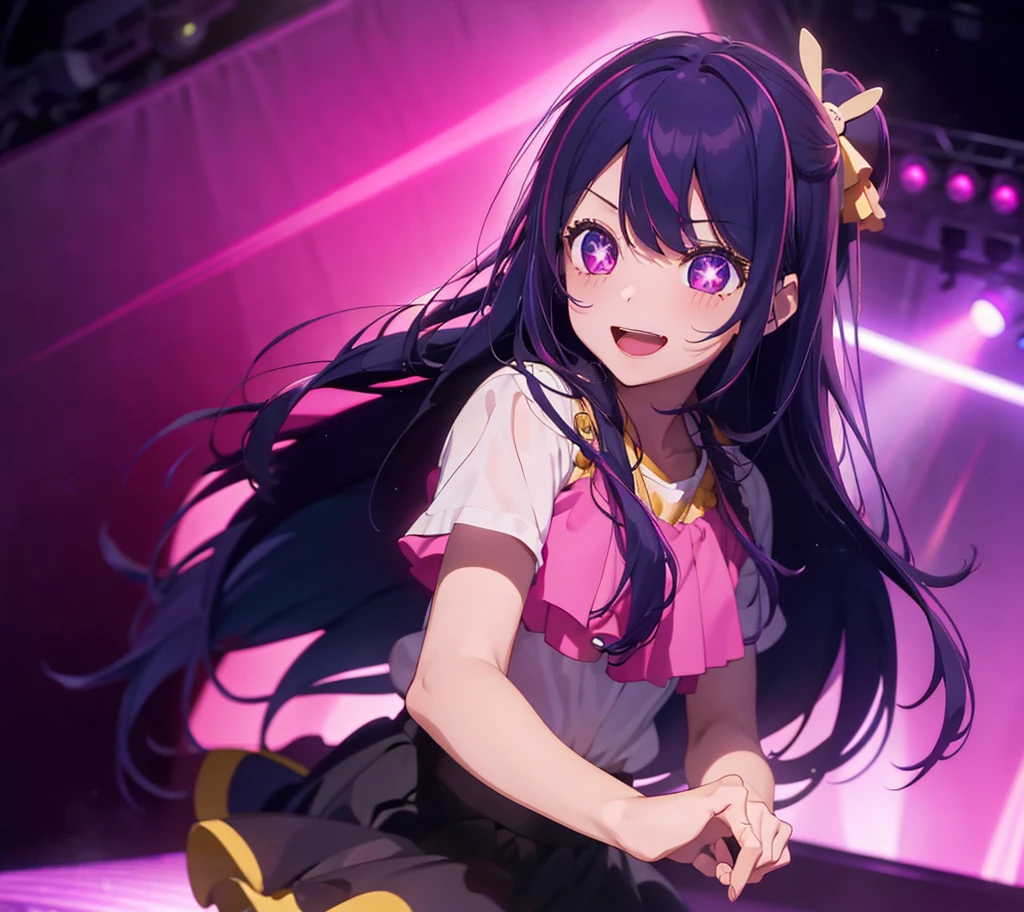 Girl idol, Hoshino Ai, long hair, purple hair, streaked hair, purple eyes, star-shaped pupils, hair ornament, in the concert stage with a pink and purple lights and view towards the viewer, the viewers holding the pink and purple light stick, her singing with her hand holding the mic, smile with blush face, from above, BREAK, quality\(8k,wallpaper of extremely detailed CG unit, masterpiece,hight resolution,top-quality,top-quality real texture skin,hyper realisitic,increase the resolution,RAW photos,best qualtiy,highly detailed,the wallpaper,cinematic lighting,ray trace,golden ratio\),(long view)
