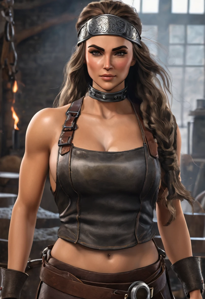 Masterpiece, best quality, high resolution, 8K raw photo. A beautiful medieval blacksmith woman with long, flowing hair and a muscular build. She is wearing a pair of intricately designed goggles on her head. Her attire includes a leather apron and rugged work clothes. She is standing with her hands on her hips, looking directly at the camera with a confident expression. The background is completely gray, ensuring full focus on her detailed features and presence.