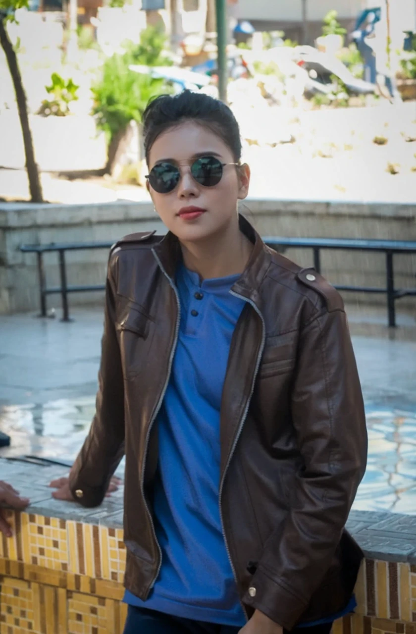 ((Heavy rain in the evening)),The blue outerwear was wet, exposing the underwear., wet, korean chinese woman, Pink and purple dress with cleavage and tunic., ((half body)), Smile and stick out your tongue, stand in the open, Songkran Thai, Chest 34 inches, ภาพhalf body, Look upขึ้น, hand holding hair, #songkran, city center, Pattaya, in Thailand, ((Small chest)), I held it behind my back., Golden hair, just the bangs, Powder on the face, Patch the dough, There is powder applied to the face., Half-up hairstyle, Zhi Pak, Showing the big front teeth, Broad shoulders, Look up, The body is soaked with sweat., Wet face, ((Glossy face)), ((ผิวGlossy face)), ((Oiled skin))