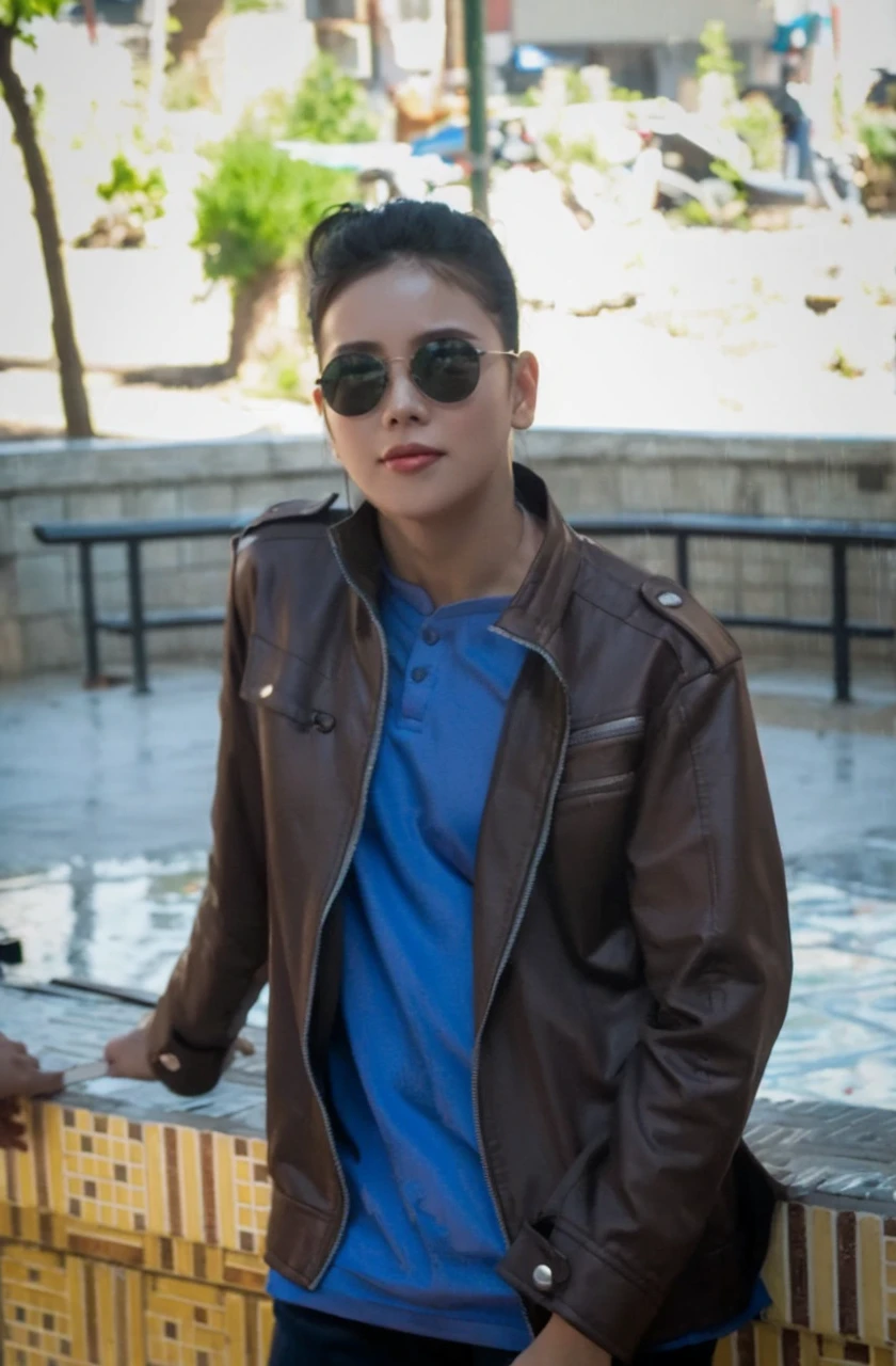 ((Heavy rain in the evening)),The blue outerwear was wet, exposing the underwear., wet, korean chinese woman, Pink and purple dress with cleavage and tunic., ((half body)), Smile and stick out your tongue, stand in the open, Songkran Thai, Chest 34 inches, ภาพhalf body, Look upขึ้น, hand holding hair, #songkran, city center, Pattaya, in Thailand, ((Small chest)), I held it behind my back., Golden hair, just the bangs, Powder on the face, Patch the dough, There is powder applied to the face., Half-up hairstyle, Zhi Pak, Showing the big front teeth, Broad shoulders, Look up, The body is soaked with sweat., Wet face, ((Glossy face)), ((ผิวGlossy face)), ((Oiled skin))