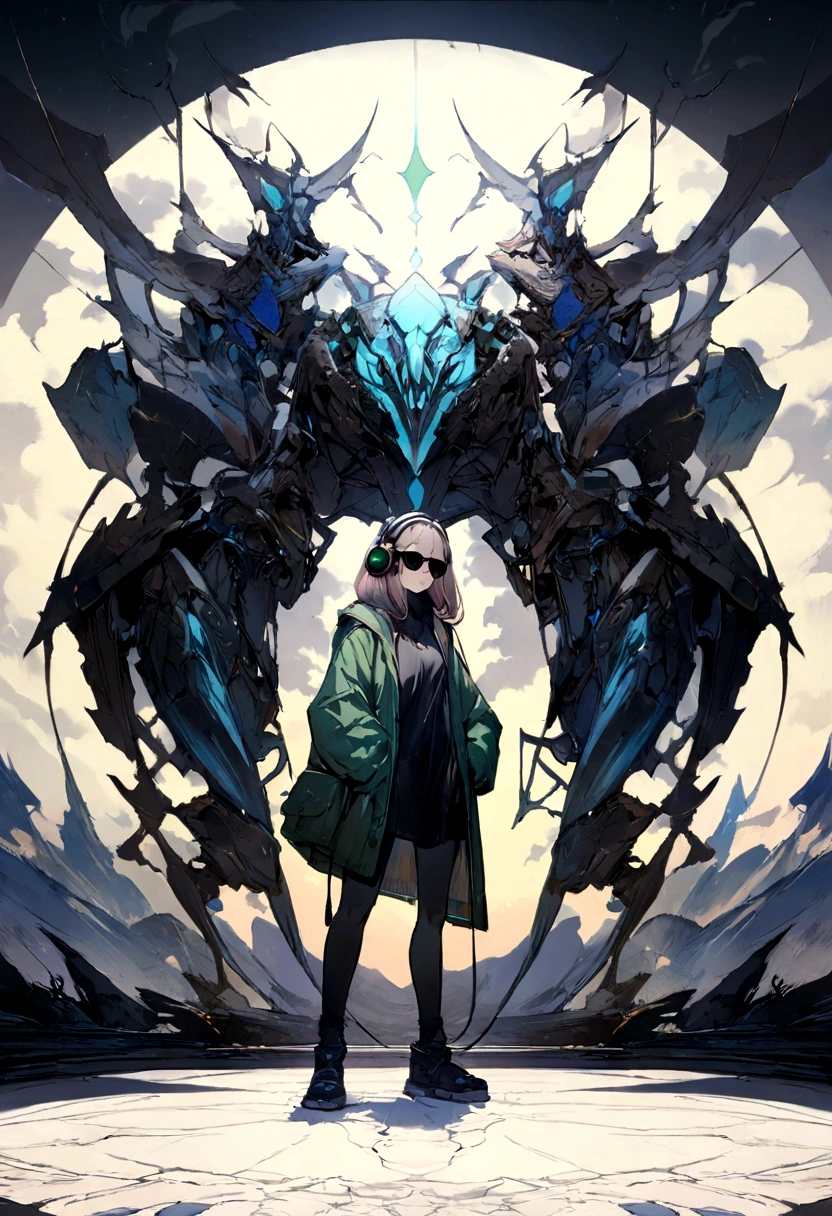 Perfect centering, A cute kitten all over, Wear a student jacket, Wearing sunglasses, Wearing headphones, Standing position, Abstract beauty, Centered, Looking at the camera, Facing the camera, nearing perfection, Dynamic, Moonlight, Highly detailed, Digital painting, art stations, concept-art, smooth, Sharp focus, 8K, high definition resolution, illustration, Art by Carne Griffiths and Wadim Kashin, White background
