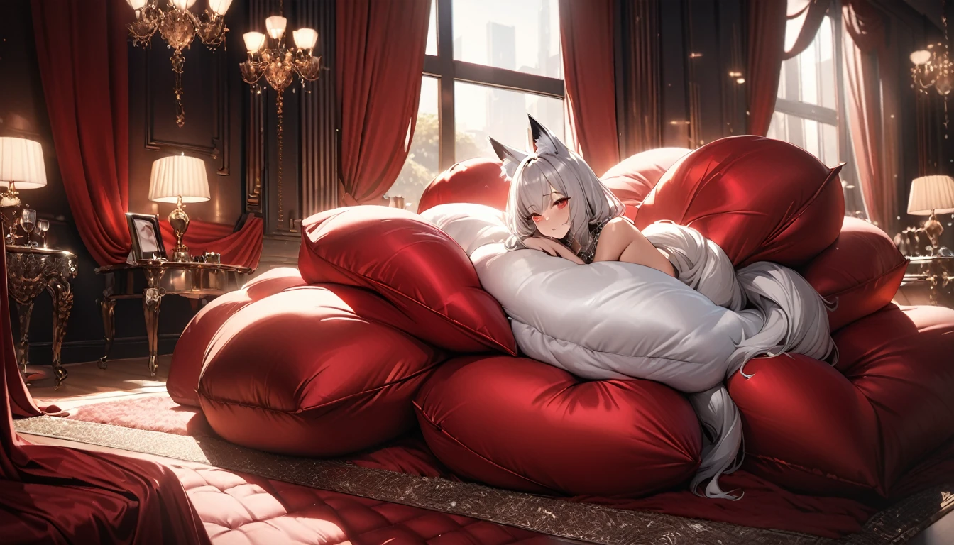 A fluffy red silk feather duvet, many huge silk body pillows, a luxurious and fluffy red silk bed, red silk sheets, 8k, best quality, high detailed, photorealistic, dramatic lighting, warm tones, luxurious, soft, plush, velvet, satin, velvety textures, elegant, sophisticated, premium, lavish, opulent, sumptuous, indulgent, exquisite, refined, lush, White hair, fox ears, fox tail