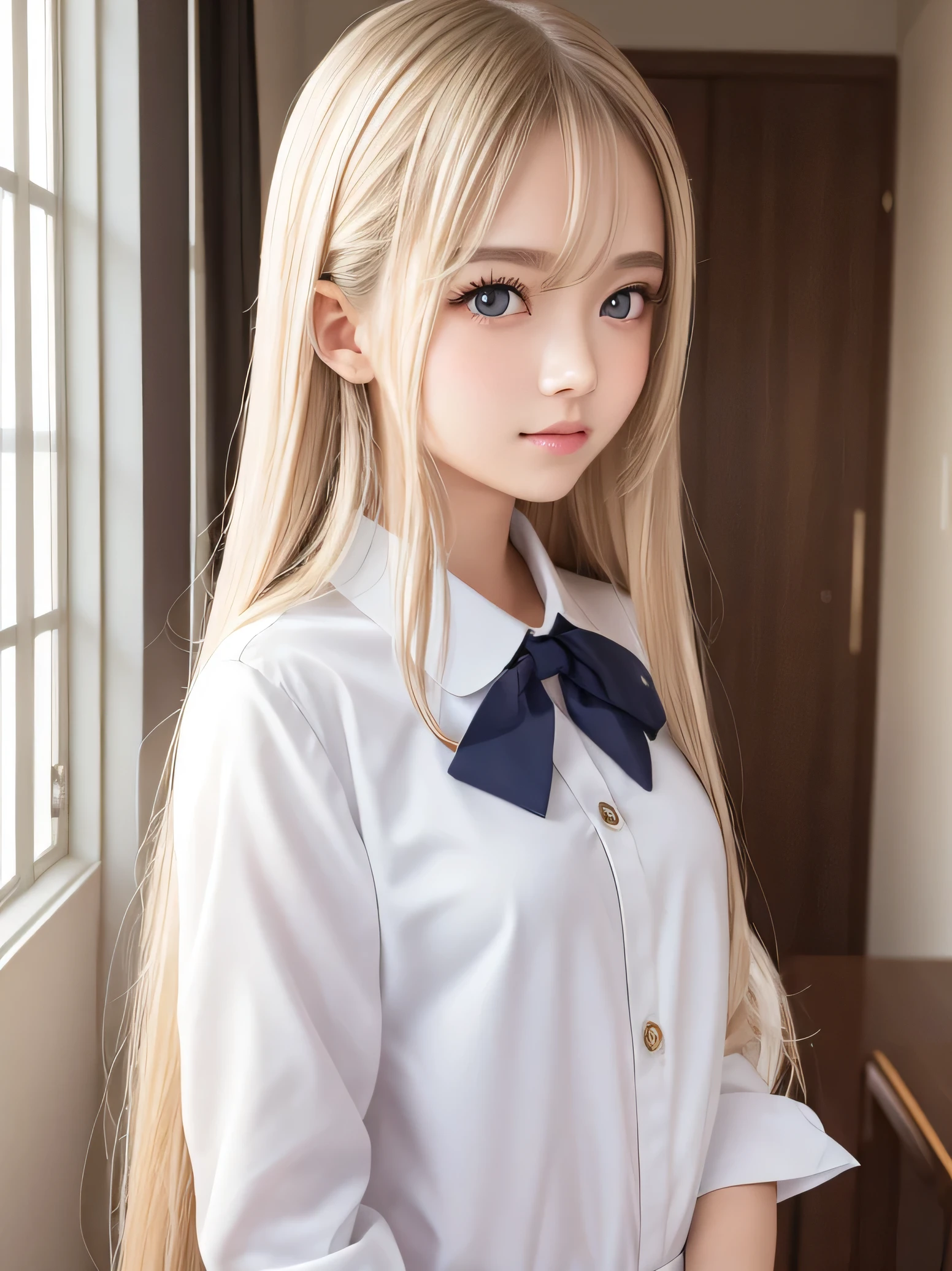 portlate、School Uniforms、bright expression、Young shiny shiny white shiny skin、Best Looks、shiny light hair,、Super long silky straight hair、Glowing crystal clear attractive big brown eyes、Very beautiful nice cute  girl