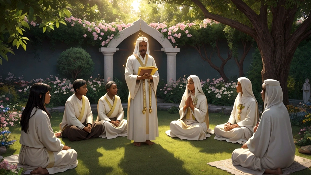 "Description: Create a serene and heavenly scene where believers from diverse backgrounds are gathered in a tranquil garden surrounded by lush greenery and flowers. Show them engaged in peaceful activities like prayer, worship, and contemplation, symbolizing their anticipation of eternal life.
Details: Use soft, pastel colors and gentle lighting to evoke a sense of peace and spiritual fulfillment. Include diverse representations of people of different ages, ethnicities, and cultures, each expressing joy and tranquility. Incorporate elements such as open scriptures glowing with divine light, angelic figures gently watching over the scene, and a radiant sunrise on the horizon, symbolizing the promise of eternal dawn and the presence of God."