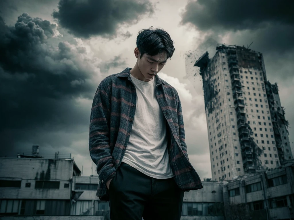 A striking, cinematic portrait of a young Korean man, captured from an aerial perspective. He stands tall and confident, dressed in a flannel shirt and a white t-shirt, against the backdrop of a somber and dramatic landscape. Dark clouds loom overhead, casting a gloomy light on the scene, while a towering building seems to be on the verge of collapse. The atmosphere is heavy with foreboding, and the color palette is dominated by shades of gray, black, and dark blue. The photograph captures a poignant moment in time, blending fashion and emotion in a powerful visual statement., portrait photography, cinematic, fashion, photo