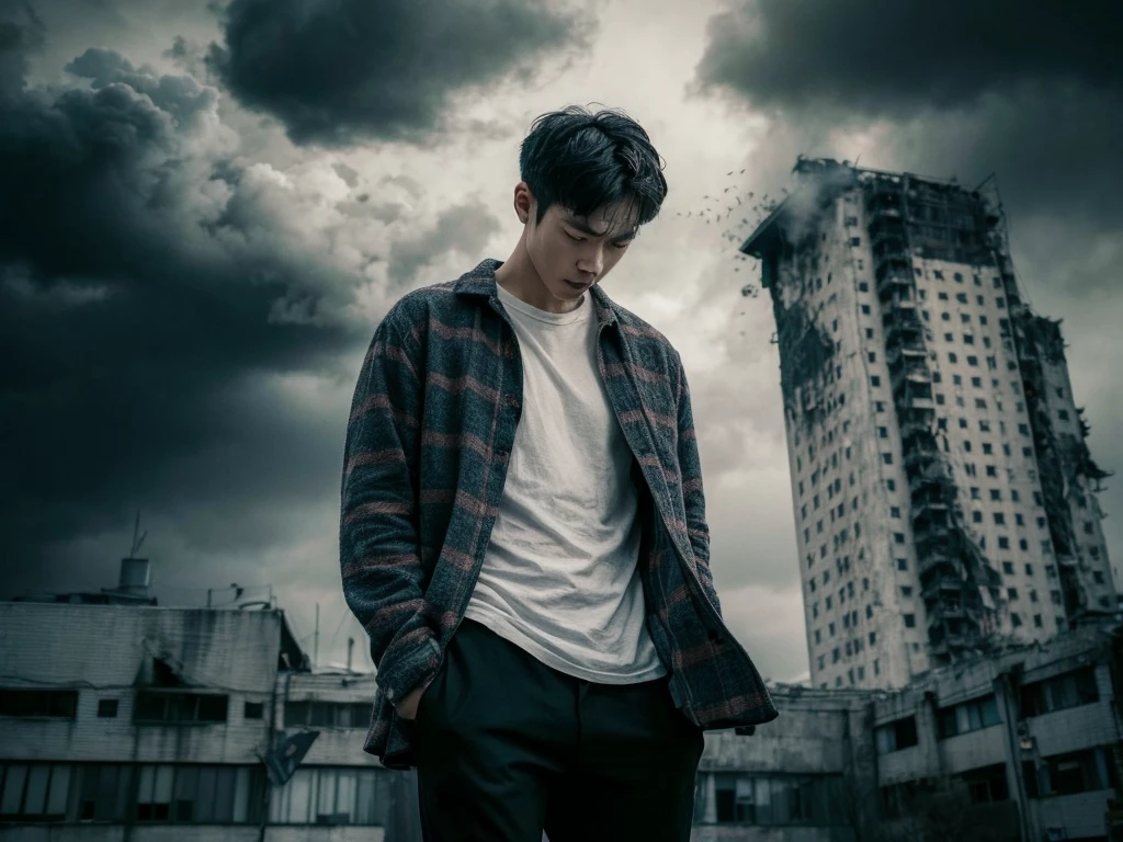 A striking, cinematic portrait of a young Korean man, captured from an aerial perspective. He stands tall and confident, dressed in a flannel shirt and a white t-shirt, against the backdrop of a somber and dramatic landscape. Dark clouds loom overhead, casting a gloomy light on the scene, while a towering building seems to be on the verge of collapse. The atmosphere is heavy with foreboding, and the color palette is dominated by shades of gray, black, and dark blue. The photograph captures a poignant moment in time, blending fashion and emotion in a powerful visual statement., portrait photography, cinematic, fashion, photo