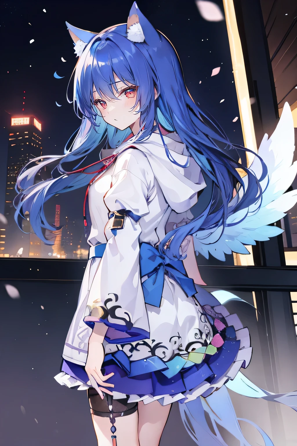 （masterpiece：1.2），Super detailed，lifelike，Expressive eyes，fair skin，perfect face shape，1 girl，
Japanese comics,Gorgeous blue hair,flowing blue hair,flowing clothes,Cat ears,Petals fall,beautiful lola,Baby Angel,
Shaking head with one hand，Cross your legs，Gentle and peaceful background，The pavilion is cool and comfortable,smile, wearing hoodie, background of tokyo,back views,snowing, winter,Angel wings，The world is open，shameful expression。