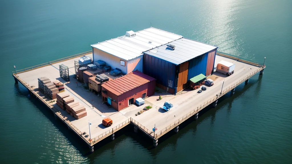 Aerial viewing angle,panoramic,A pier,Forklift transporting boxes in factory,There is a simple shed,Some small boxes stacked together,3d,Concept Art,real picture
