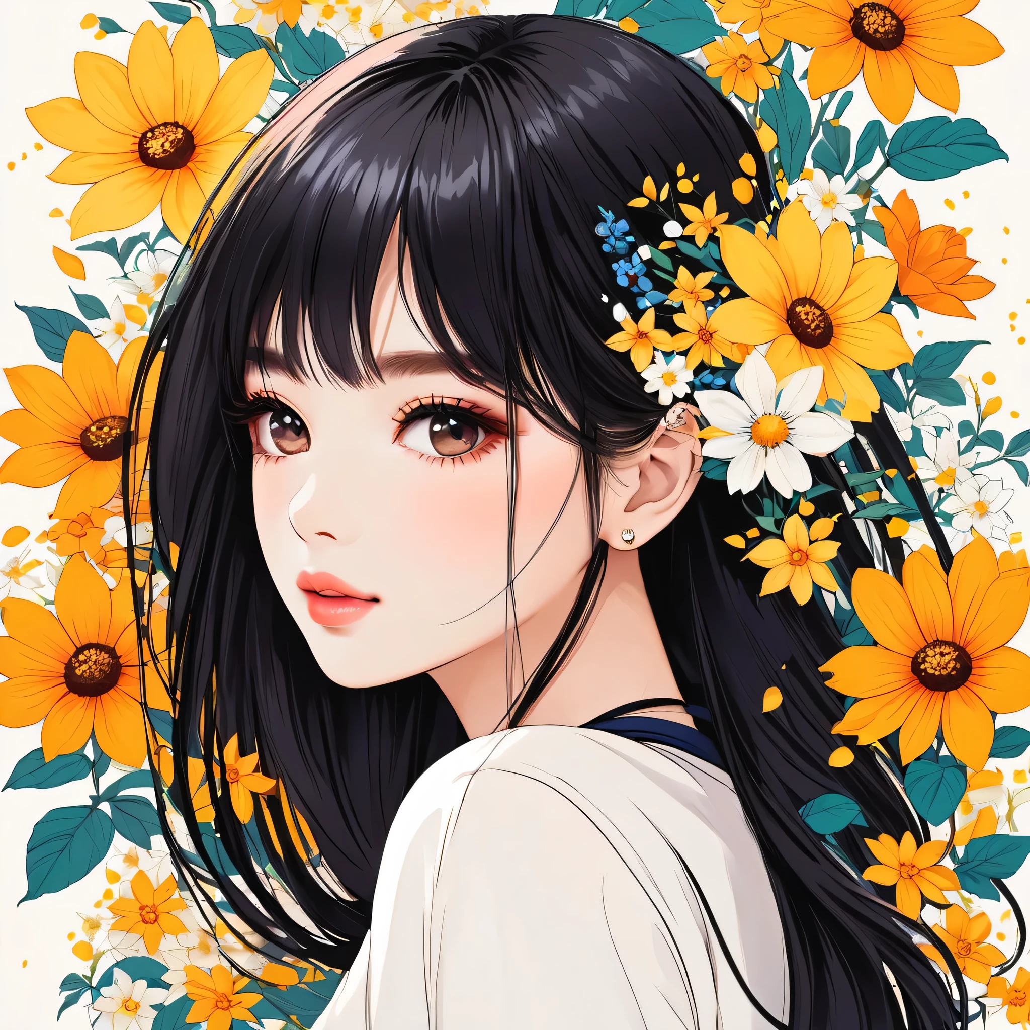 Mika Pikazo style, Simple Line Initialism，Abstract art，Urban Background, colorful flowers ,(((The most beautiful girl of all time))), Sweet face, Lips in love