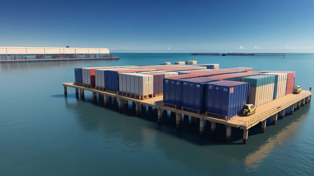 Aerial viewing angle,panoramic,A pier,Forklift transporting boxes in factory,There is a simple shed,Some small boxes stacked together,3d,Concept Art,real picture