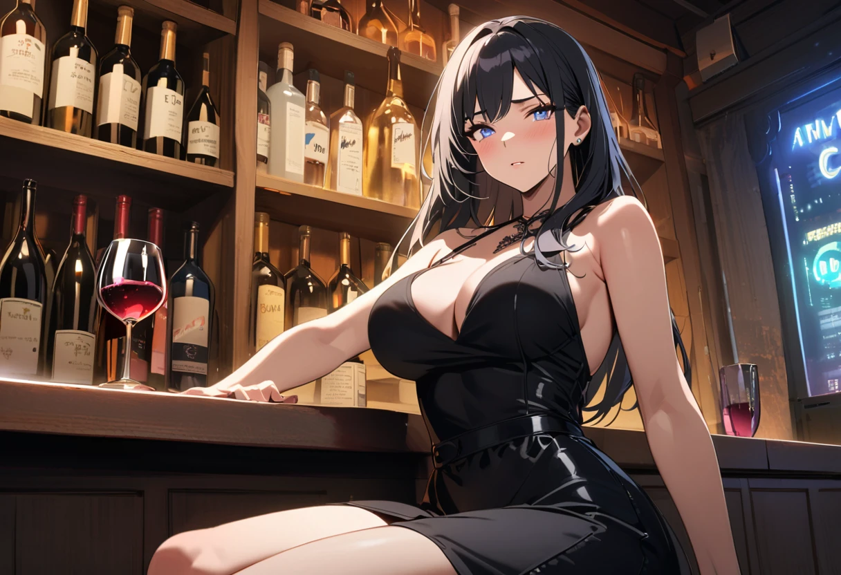 (Sad expression wife),A woman mature and sexy,Delicate face,Sitting at the bar with a glass of wine,A cautious expression,Black dress, (black hair),(Eyes with large blue irises,,(Large Breasts),Big buttocks,(5 feet tall)), Pop music (masterpiece, best quality:1.1),Detailed hands,Pop musicart style,