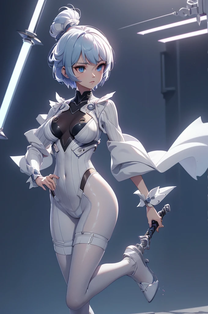 Mini Ghost in the Shell, (Ghost in the Shell), solo, ray tracing, 3D style, 3DMM, ((oses per photo)), ((oses ouch cada foto)), fully body,(Front view),(Costas Issue), (Emist on the left), show flat belly, (((oses per photo))),(very big breastsperfect ass, perfect and symmetrical eyes, (perfect handuturistic sword in hand)), ((short hair)),((Open wizard clothes)),white clothing with textured edges, skin fair, luouchas detalhadas, White thigh-high tights with trim, ouchestido aberto ouch "ouch", Waist slender, big legs, low water, Show legs to the top of the waist, (broken fabric falling over the legs),((open top)),ultra realistic skin, realistic human eyes,ultra realistic skin,((striped shirt)),super sensual suit, colorfully,top with ruffles,(pubis with a lot of volume),(extremely sensual),(very sensual),(((very detailed high level lighting))),(((raytracing))),(((couchstic effect))),(((bodysuit open to the waist)))