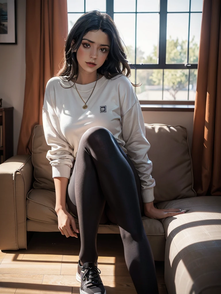 georgeous young colombian woman, in her living room, on a sofa, wearring a legging and a sweatshirt, full body, beautiful face, masterpiece, best quality, ultra-detailed, solo, shadows, contrast, cinematic light, side lighting, ultra hight resolution, best shadow, RAW, 4K, 85mm, poca profundidad de campo, Kodak Vision Color, extrem adamente detallado, Cinematographer_\(ultra\), photorealistic, Realistic, Postproceso, Maximum details, aspereza, vida real, ultra realista, fotorrealismo, Cinematographer, 8k HD, Cinematographer
