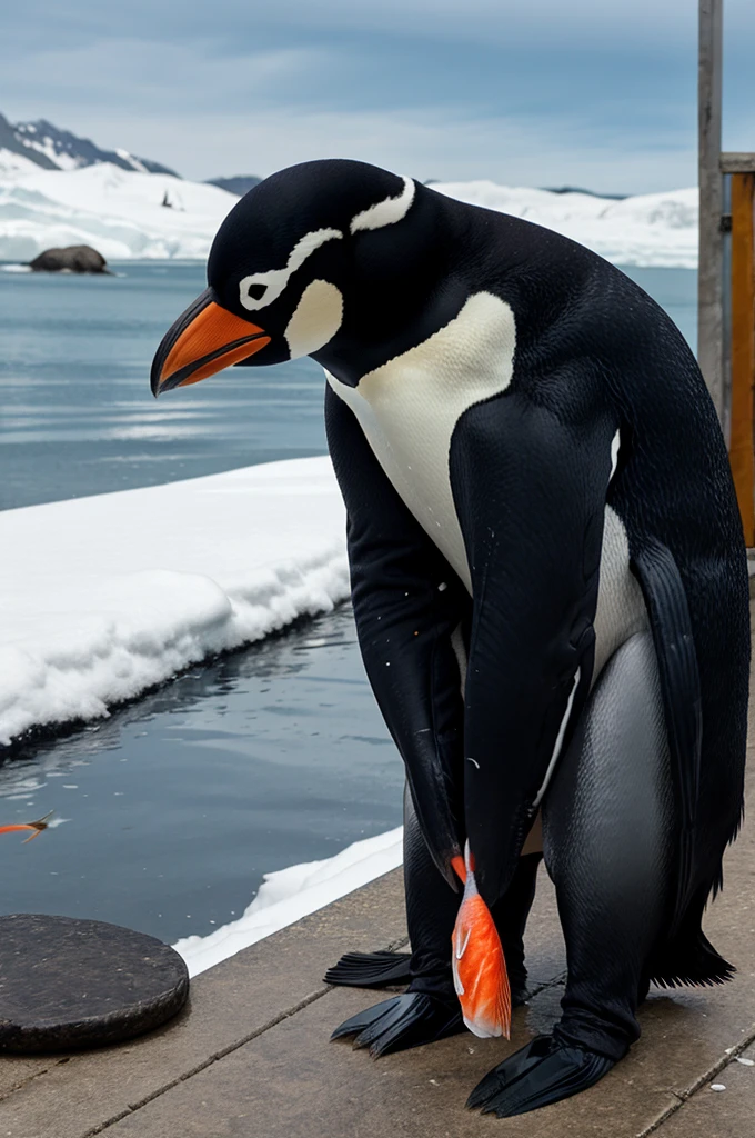 Create a image of penguin taking money and supplying fish to poalr bear
