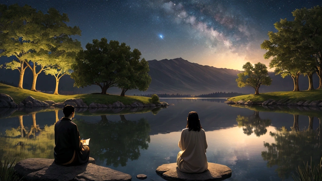 "Description: Create an introspective scene where believers are deep in contemplation, surrounded by a tranquil atmosphere that exudes spiritual peace. Show individuals sitting beside a calm lake under a canopy of shimmering stars, reflecting on the promises of eternal life and God's faithfulness.
Details: Use soft, cool tones and subtle lighting effects to evoke a sense of quietude and spiritual contemplation. Include diverse representations of believers from different walks of life, each deep in thought and prayer. Incorporate elements such as open scriptures glowing softly in the moonlight, symbolic flowers representing renewal and growth, and gentle ripples on the lake's surface, mirroring the tranquility of their souls. This visual should convey the biblical theme of believers finding solace and urance in the eternal promises of God."