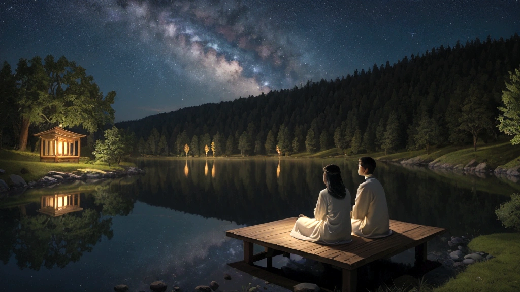 "Description: Create an introspective scene where believers are deep in contemplation, surrounded by a tranquil atmosphere that exudes spiritual peace. Show individuals sitting beside a calm lake under a canopy of shimmering stars, reflecting on the promises of eternal life and God's faithfulness.
Details: Use soft, cool tones and subtle lighting effects to evoke a sense of quietude and spiritual contemplation. Include diverse representations of believers from different walks of life, each deep in thought and prayer. Incorporate elements such as open scriptures glowing softly in the moonlight, symbolic flowers representing renewal and growth, and gentle ripples on the lake's surface, mirroring the tranquility of their souls. This visual should convey the biblical theme of believers finding solace and assurance in the eternal promises of God."