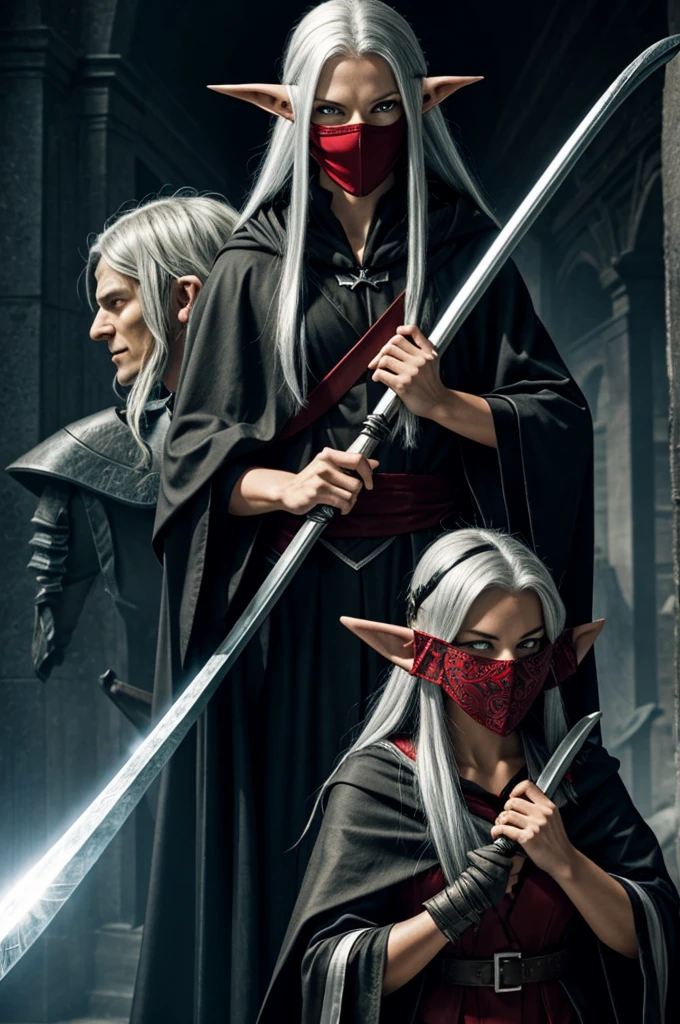 A fully cloaked person with a red eyed smiling mask holding a death scythe right next to a silver haired elf