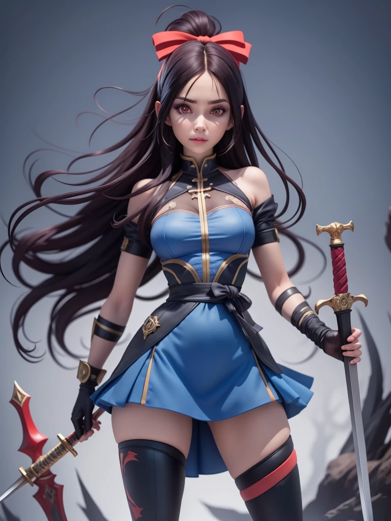 female mascot, small, , Ray-tracing, Waist slender, small, with ancient clothes, detailed, Russian robes, warm clothing, hot pants e botas, with sword in hand, futuristic gun pointing left, pose to the left, detailed doom style sword, large sword with different colors, futuristic sword, cintura small, complex light, cyberpunk sword in hand, sock with horizontal stripes in two colors up to the thigh, complex light, wool, pants with many folds, exclusive gloves, dynamic position, dark look, dark look, giant sword in hand, attacking, belts around the waist, detailed hem, giant laser sword, dark look, shorts, Darkening, Eyes red, Traits I didn't bring, prints, big thorns bracelet, shorth hair, Power spells,High subsurface, High subsurface, occlusion environment, ((dark look)), dark look, black costumes, shorth hair, big gloves, Bodysuit, (tied hair), hair divided into two, full-body vision, hair tied with ribbons and large bows, joelheiras detailed, ((blackquality hair)), ((blue short dress with stylish rip at the waist)),mortal kombat, detailed top, shoulder pads rich in details, Thigh-high boots, hair divided into two, stamped, red details,((sexy)),((peitões))