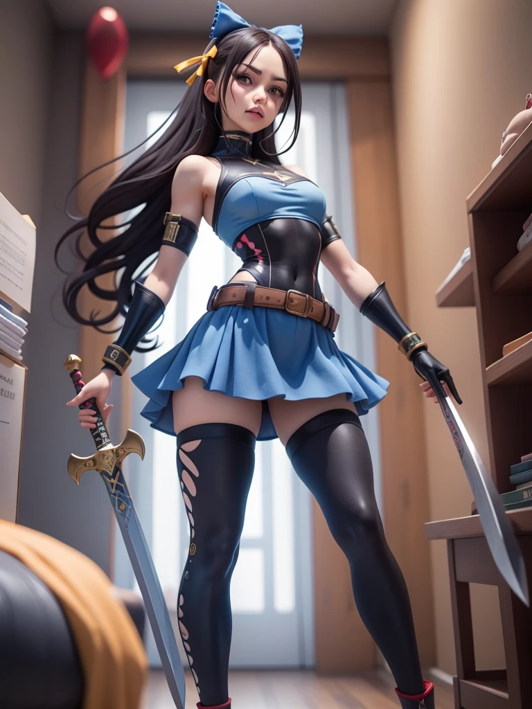 female mascot, small, , Ray-tracing, Waist slender, small, with ancient clothes, detailed, Russian robes, warm clothing, hot pants e botas, with sword in hand, futuristic gun pointing left, pose to the left, detailed doom style sword, large sword with different colors, futuristic sword, cintura small, complex light, cyberpunk sword in hand, sock with horizontal stripes in two colors up to the thigh, complex light, wool, pants with many folds, exclusive gloves, dynamic position, dark look, dark look, giant sword in hand, attacking, belts around the waist, detailed hem, giant laser sword, dark look, shorts, Darkening, Eyes red, Traits I didn't bring, prints, big thorns bracelet, shorth hair, Power spells,High subsurface, High subsurface, occlusion environment, ((dark look)), dark look, black costumes, shorth hair, big gloves, Bodysuit, (tied hair), hair divided into two, full-body vision, hair tied with ribbons and large bows, joelheiras detailed, ((blackquality hair)), ((blue short dress with stylish rip at the waist)),mortal kombat, detailed top, shoulder pads rich in details, Thigh-high boots, hair divided into two, stamped, red details,((sexy)),((peitões))