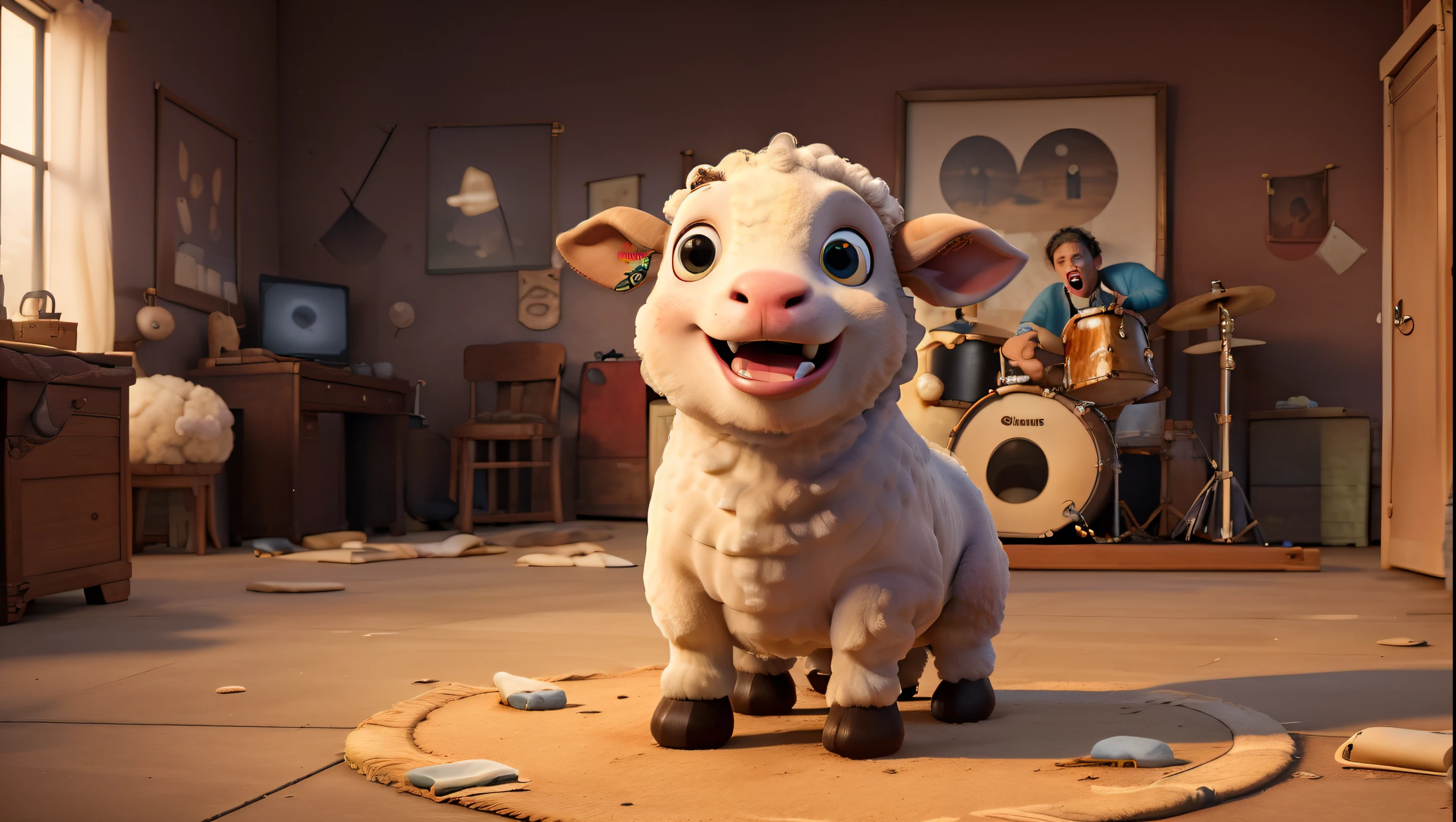 ((best quality)), ((masterpiece)), one sheep an a photo, screaming, guitars, drums on a background, (((horror)))