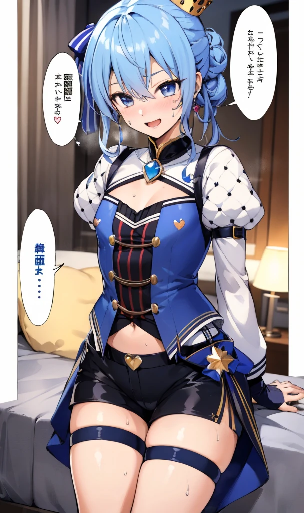 SuiseiStellar, long hair, half updo, tilted crown, white shrug \(clothing\), juliet sleeves, blue brooch, blue pinstripe shirt, blue vest, half gloves, latex black shorts, half-skirt, o-ring thigh strap, single thigh boot,1girl, solo, , long hair,,,my room,side ponytail,small breasts,),(nsfw),(spoken heart),(sweating),looking viewer,peace pose,smile,navel