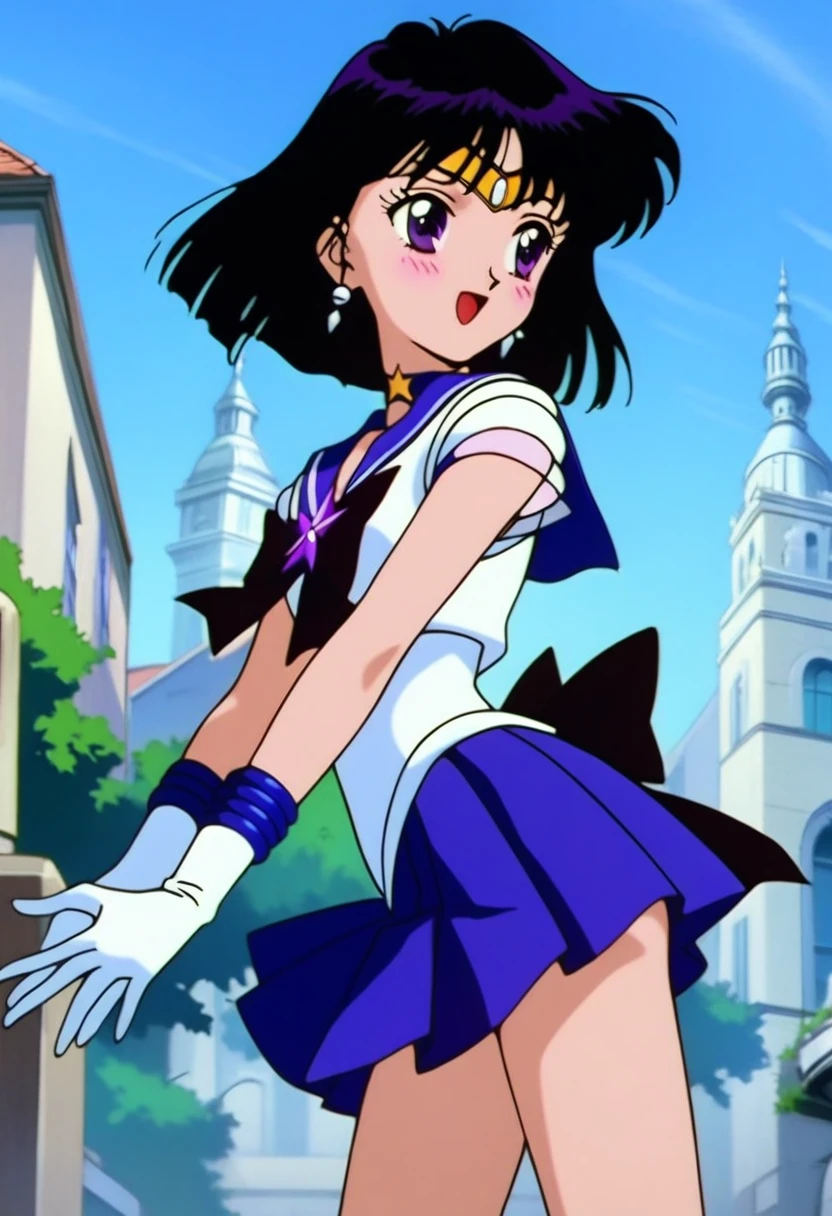 masterpiece, best quality, very aesthetic, absurdres, Sailor Saturn XL, 1990s \(style\), anime artwork, anime style, perfect face, perfect composition, moist skin, intricate details, beautiful detailed eyes, BREAK 1girl, solo, , short hair, black hair, purple eyes, flat chest, skinny, sailor senshi uniform, purple sailor collar, tiara, earrings, jewelry, star choker, bowtie, back bow, star brooch, white elbow gloves, purple miniskirt, shiny clothes, looking away, smile, blush, open mouth, cameltoe, pose, white leotard, (pantyshot:1.2), wind lift, outdoors, city, blue sky, wind, from side, dutch angle,