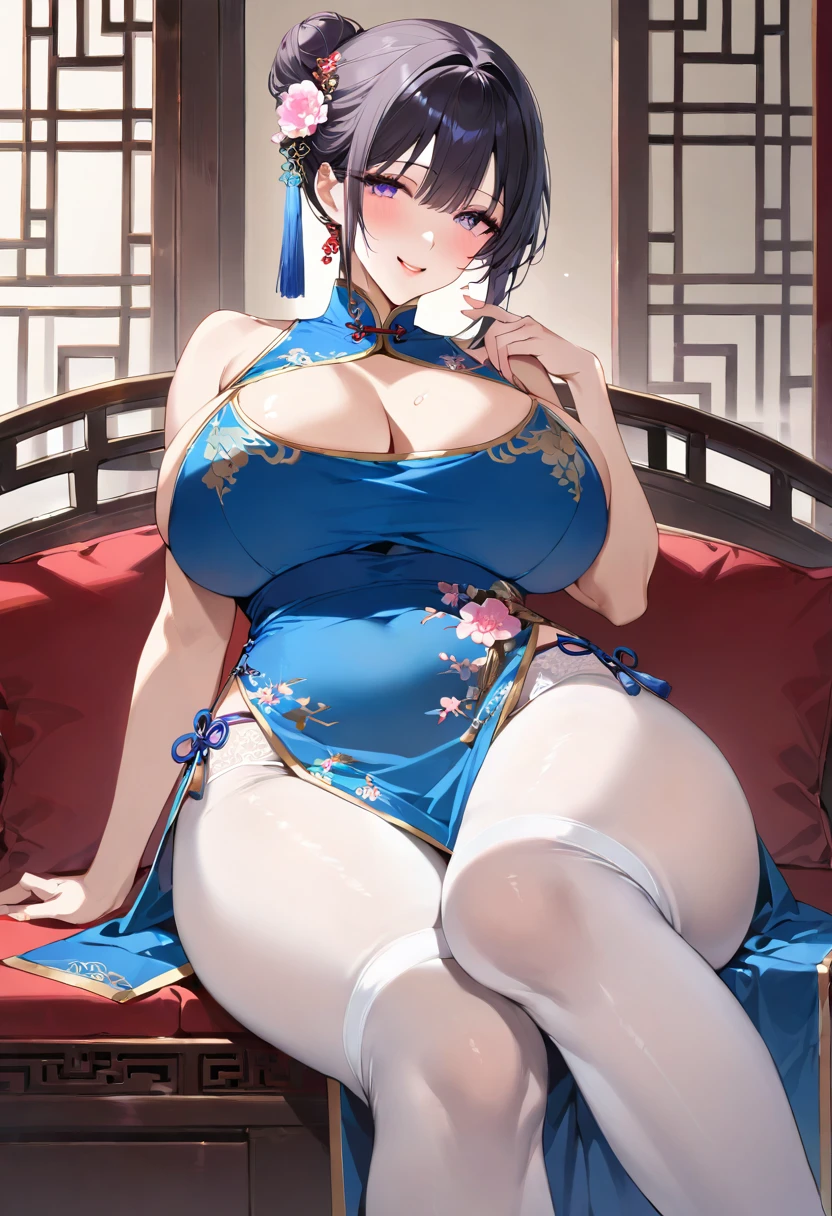 masterpiece, best quality, ultra detailed, detailed eyes, sparkling eyes, nsfw, ((large breasts)), clothes lift, underboob, 1girl, blue cheongsam, mature woman, ancient Chinese style, black hair, shoulders, big breasts, smile, white cloth bun bun, white pantyhose lace, white underwear, pale pink lips, embroidery Clothes