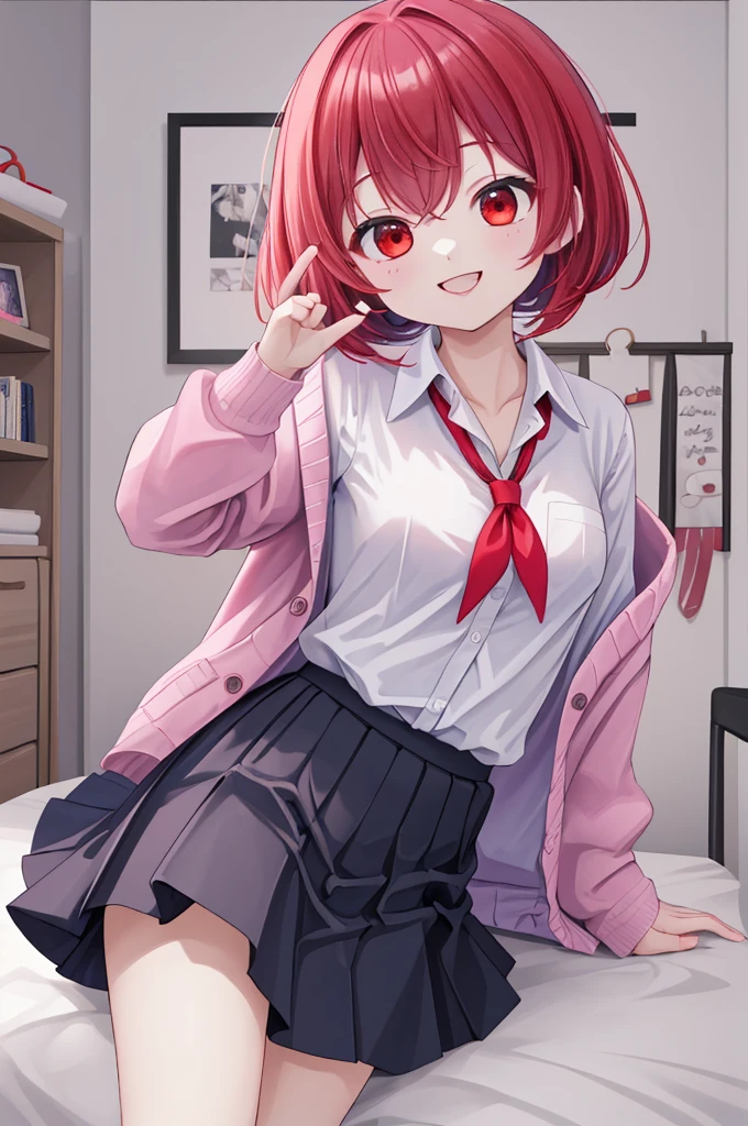 (The ultimate masterpiece), (Ultra HD), (Ultra-fine), High resolution, Ultimate beauty, High chroma, vivid,Girl,(pretty girl), Thighs, (cardigan), (skirt), Super Smile, Red hair,ショートBob，(Bob),Red Eyes ,Small breasts, Cute room，put one&#39;s hand between one&#39;s thighs