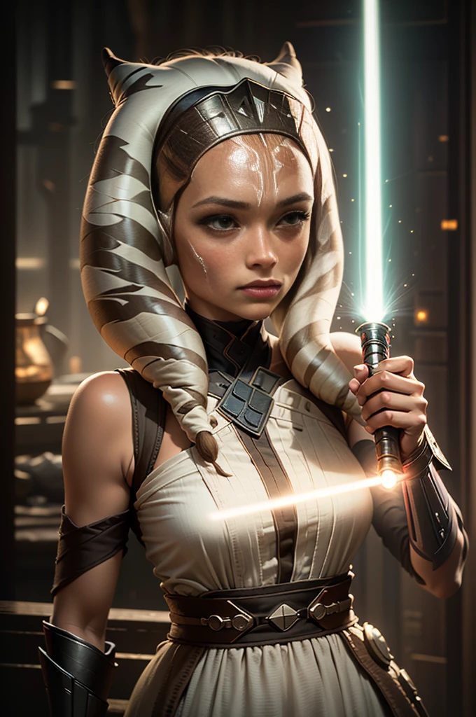 white dress holding a light saber, portrait of ahsoka tano, cal kestis lightsaber wallpaper, female jedi, ahsoka tano, jedi with light saber, holding a lightsabre. splash art, with lightsaber sword, jar jar binks as a sith lord, rey, star wars character, jedi knight, by Jason Felix