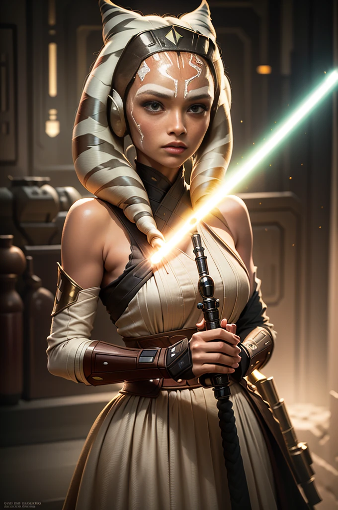 white dress holding a light saber, portrait of ahsoka tano, cal kestis lightsaber wallpaper, female jedi, ahsoka tano, jedi with light saber, holding a lightsabre. splash art, with lightsaber sword, jar jar binks as a sith lord, rey, star wars character, jedi knight, by Jason Felix