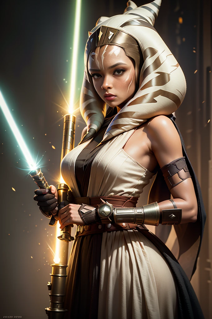 white dress holding a light saber, portrait of ahsoka tano, cal kestis lightsaber wallpaper, female jedi, ahsoka tano, jedi with light saber, holding a lightsabre. splash art, with lightsaber sword, jar jar binks as a sith lord, rey, star wars character, jedi knight, by Jason Felix
