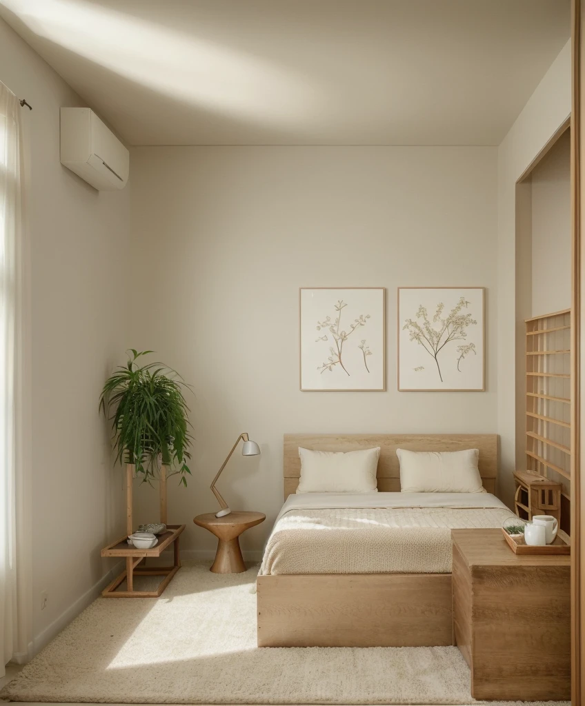 Minimalist Muji-style bedroom, neutral color palette, natural materials, soft lighting, low-profile white couch, wooden chair, natural wood coffee table, indoor plants, minimalist wall art, woven rug, natural light, tranquility, functionality, harmonious blend
The scene is enhanced by a shallow depth of field, with the focus on the detailed table setting and a bokeh background, creating a serene and sophisticated ambiance. ((8k)), high quality detail, cozy and elegant environment, artistic and inviting.
depth of field camera, 50mm, ((8k)), high quality detail, soothing and elegant ambiance. , ((8k)), ((UHD)), 8k, high quality detail, realistic photo, luxurious, beautiful, modern, soothing, cozy, peaceful, cottagecore