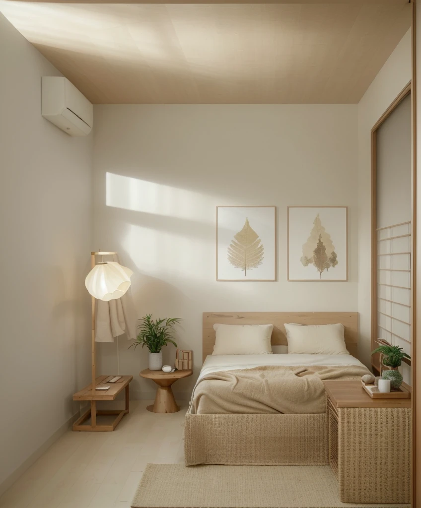 Minimalist Muji-style bedroom, neutral color palette, natural materials, soft lighting, low-profile white couch, wooden chair, natural wood coffee table, indoor plants, minimalist wall art, woven rug, natural light, tranquility, functionality, harmonious blend
 The scene is enhanced by a shallow depth of field, with the focus on the detailed table setting and a bokeh background, creating a serene and sophisticated ambiance. ((8k)), high quality detail, cozy and elegant environment, artistic and inviting.
 depth of field camera, 50mm, ((8k)), high quality detail, soothing and elegant ambiance. , ((8k)), ((UHD)), 8k, high quality detail, realistic photo, luxurious, beautiful, modern, soothing, cozy, peaceful, cottagecore

