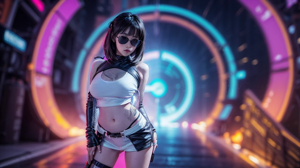 8k, Realistic Skin Texture, Realistic Photo, Neo Tokyo, slim women, large-breast:1.4 cleavage:1.3, AD2050 at night, Dirty hunting jacket, Wearing tube top, miniskirt, (((black sunglasses, automatic rifle, sneakers, cold, shooting pose, very low angle view))), Innovative composition, revenge, cyberpunk, blade runner worldview, Large neon sign, Geisha hologram sign, Strong Wakamoto Sign.