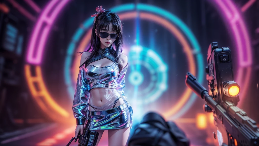 8k, Realistic Skin Texture, Realistic Photo, Neo Tokyo, slim women, large-breast:1.4 cleavage:1.3, AD2050 at night, Dirty hunting jacket, Wearing tube top, miniskirt, (((black sunglasses, automatic rifle, sneakers, cold, shooting pose, very low angle view))), Innovative composition, revenge, cyberpunk, blade runner worldview, Large neon sign, Geisha hologram sign, Strong Wakamoto Sign.
