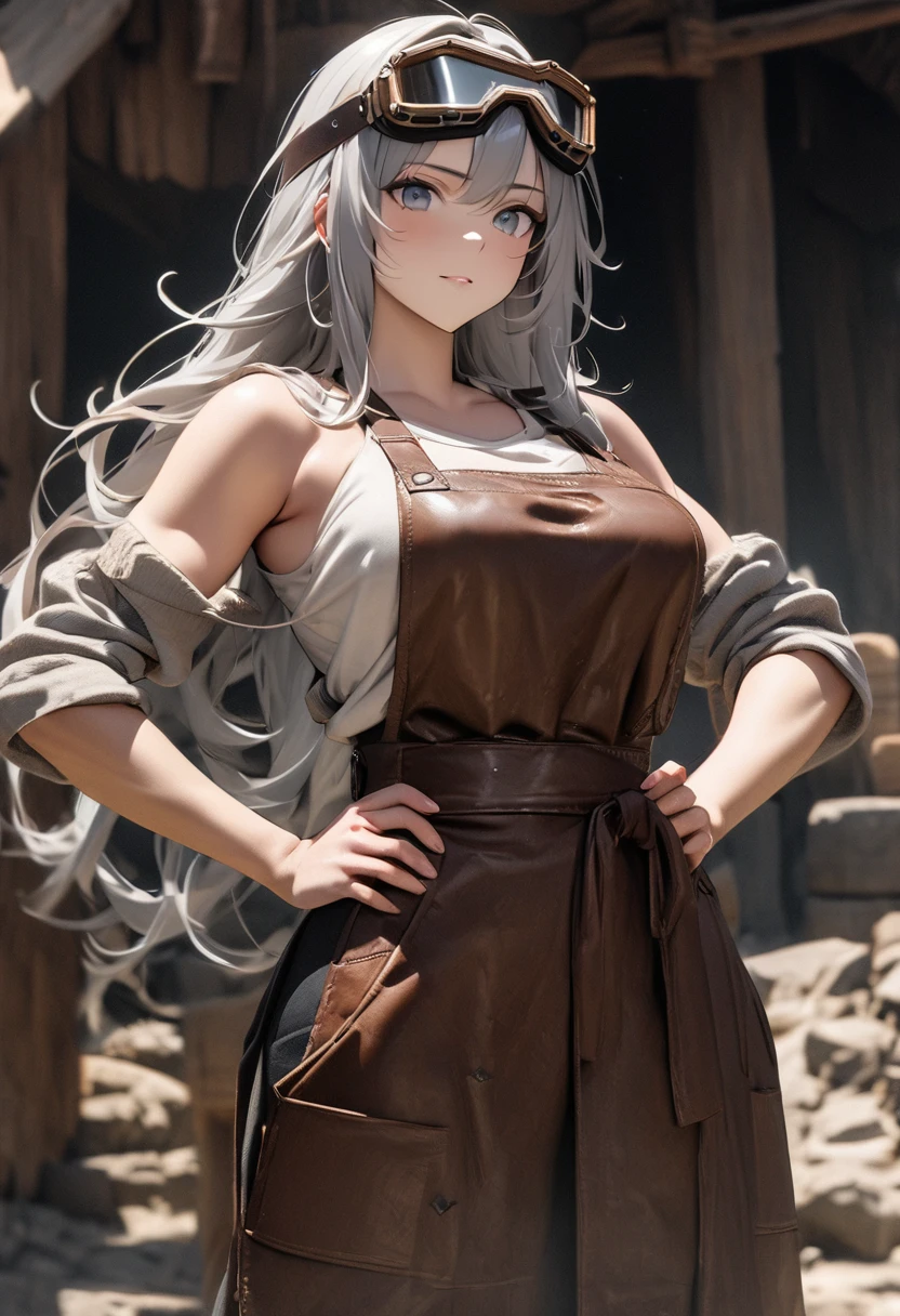 Masterpiece, best quality, high resolution, 8K raw photo. A beautiful medieval blacksmith woman with long, flowing hair and a muscular build. She is wearing a pair of intricately designed goggles on her head. Her attire includes a leather apron and rugged work clothes. She is standing with her hands on her hips, looking directly at the camera with a confident expression. The background is completely gray, ensuring full focus on her detailed features and presence.