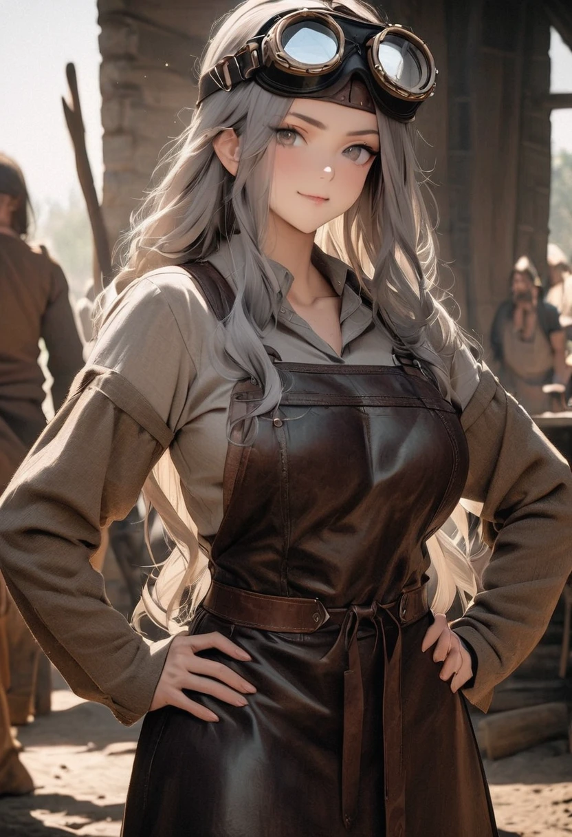Masterpiece, best quality, high resolution, 8K raw photo. A beautiful medieval blacksmith woman with long, flowing hair and a muscular build. She is wearing a pair of intricately designed goggles on her head. Her attire includes a leather apron and rugged work clothes. She is standing with her hands on her hips, looking directly at the camera with a confident expression. The background is completely gray, ensuring full focus on her detailed features and presence.