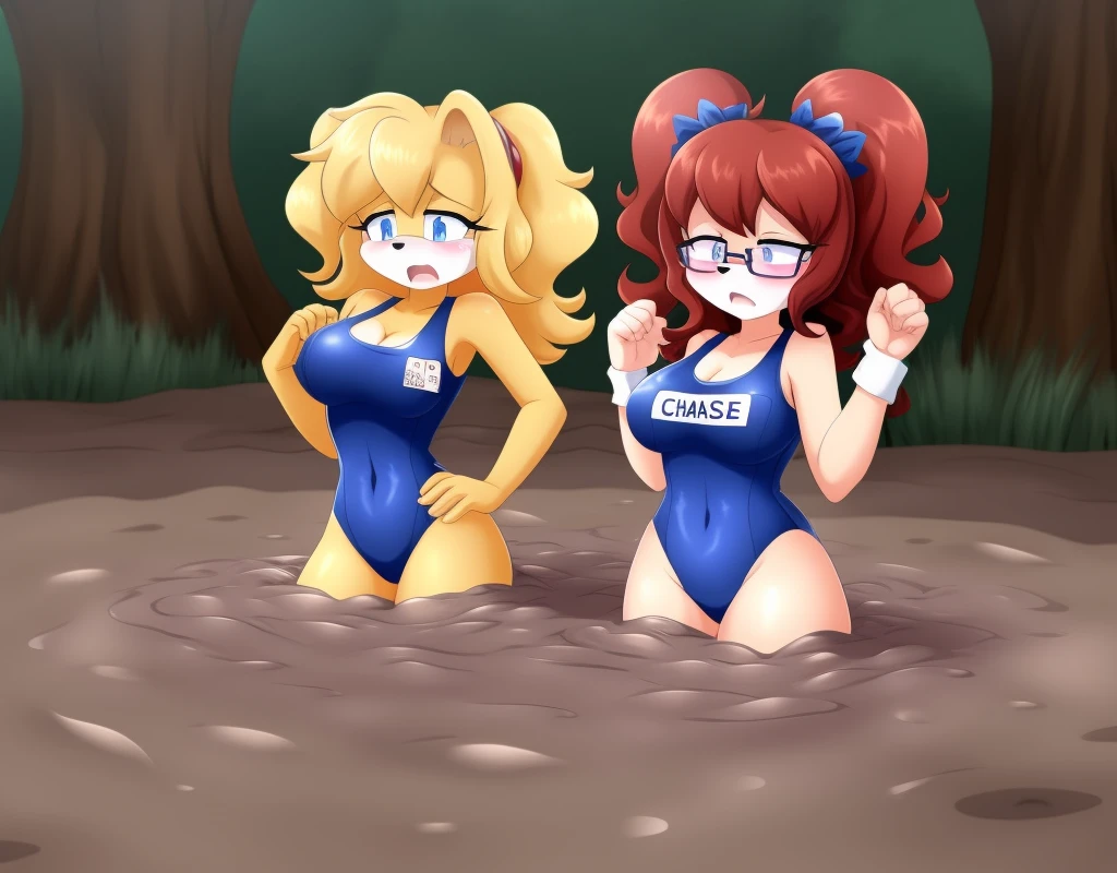 Mobian girls, best quality, HD, full body, large breasts, sexy breasts girl, puppy girl, floppy ears, glasses, hair, group lined up, group together, 10girls, group peril, multiple girls, 5girls together, hair, 10girls in quicksand, hair, dripping, twintails, curly hair, hair, cowboy shot, group, multiple girls, open mouth, masterpiece, teranen, sad, one-piece swimsuit, quicksand, sinking, scream, hands up, gurgling, drowning, orgasm, challenge, lying, on back, group lying, group sinking, school swimsuit, panic, peril, swimsuit, one-piece swimsuit, school swimsuit, old school swimsuit, blue one-piece swimsuit, name tag, group peril
