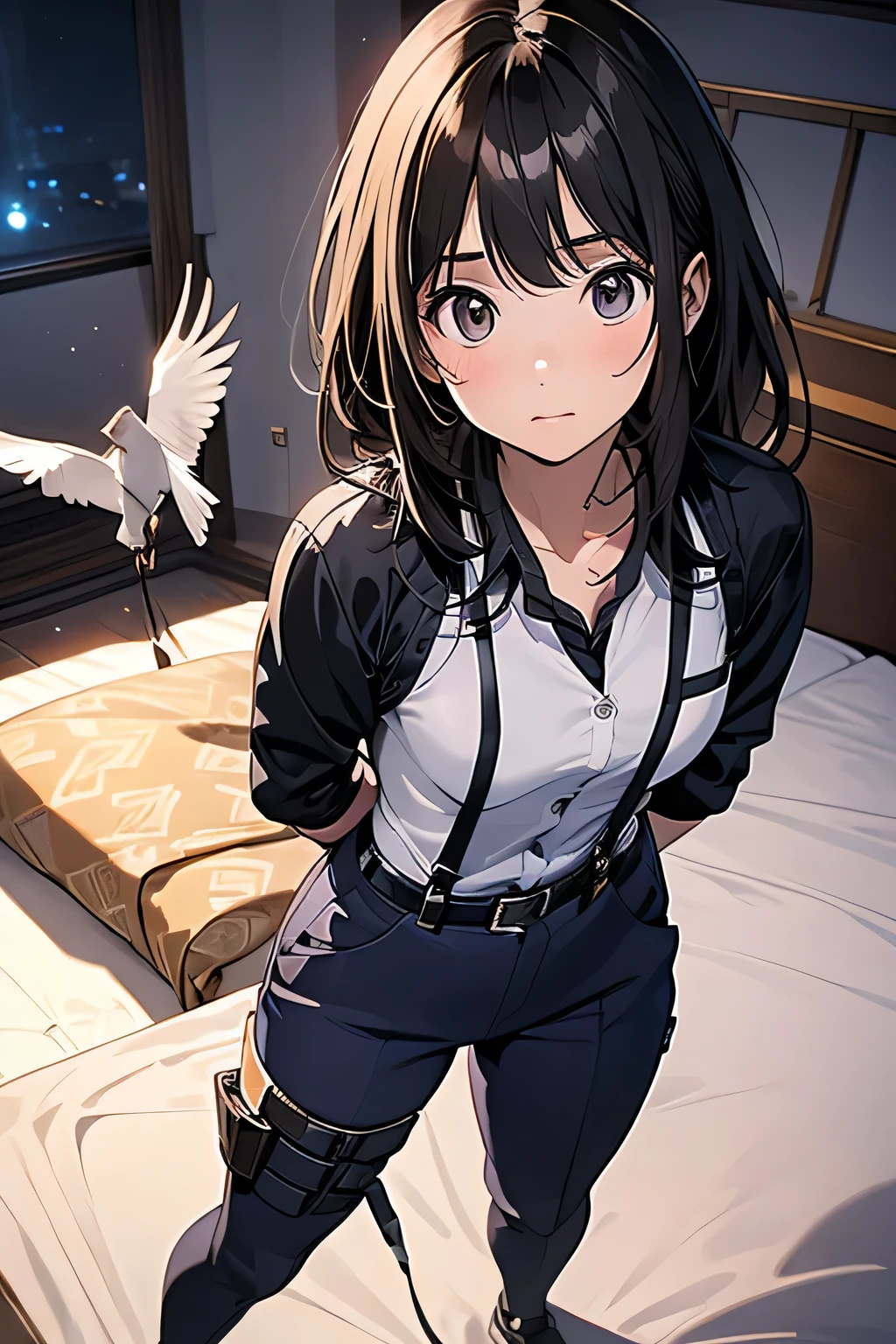 1 female, , high quality, masterpiece, Ultra-high resolution, , Cinema Lighting, , , And the suspenders with the cranes flying Moderate breasts Small face holster Lying in bed Looking up Sweat belt summer 脇Sweat Black Hole Gloves suit shirt Black jacket Black trousers Leg Links ズボンにbelt holster Hands behind your back Anxious expression Looking up Anxious face