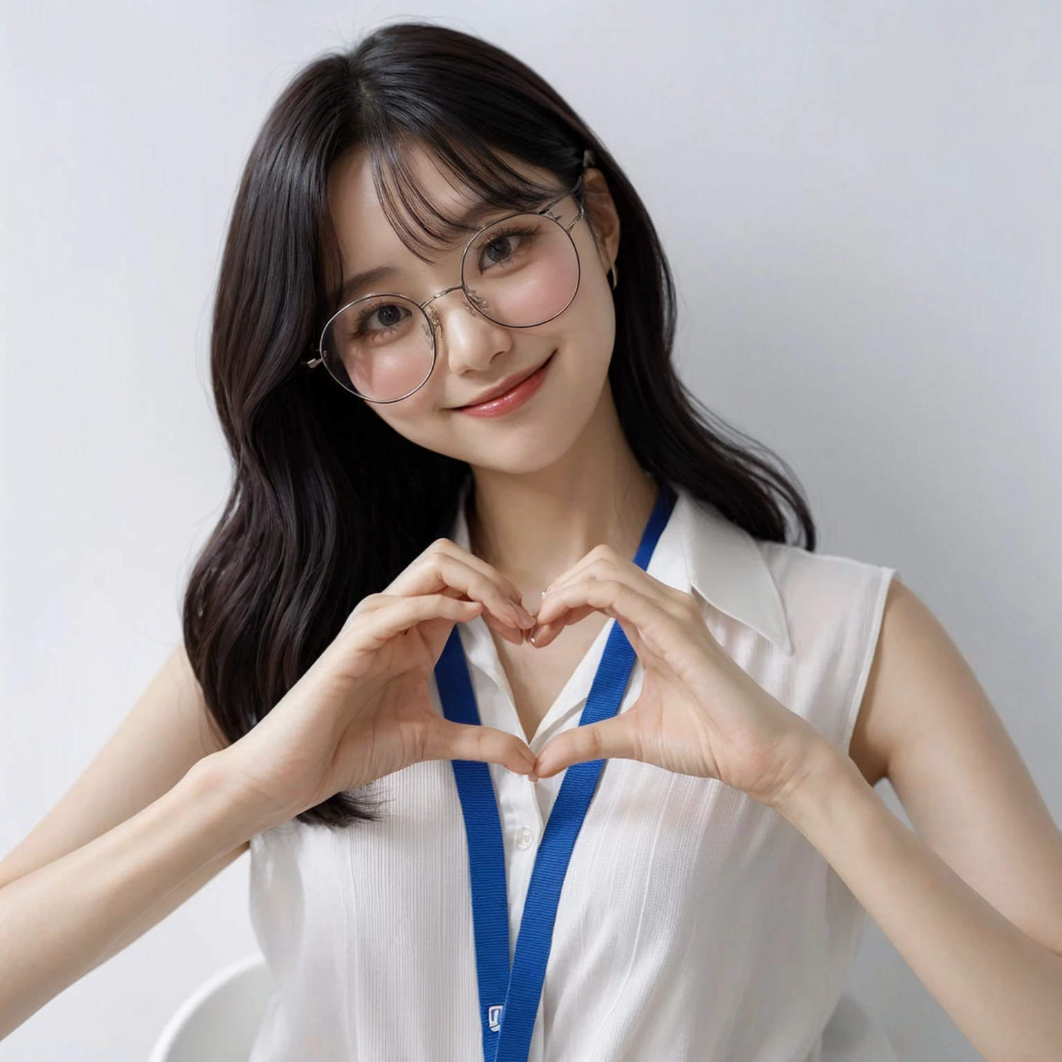 A korean female with medium black hair wearing large glasses is forming a heart shape with their hands. They are dressed in a sleeveless white blouse and have a blue lanyard around their neck. The expression is cheerful, with a smile. The background is clean and minimalistic with a white wall. UHD. 8k. realistic photo. masterpiece