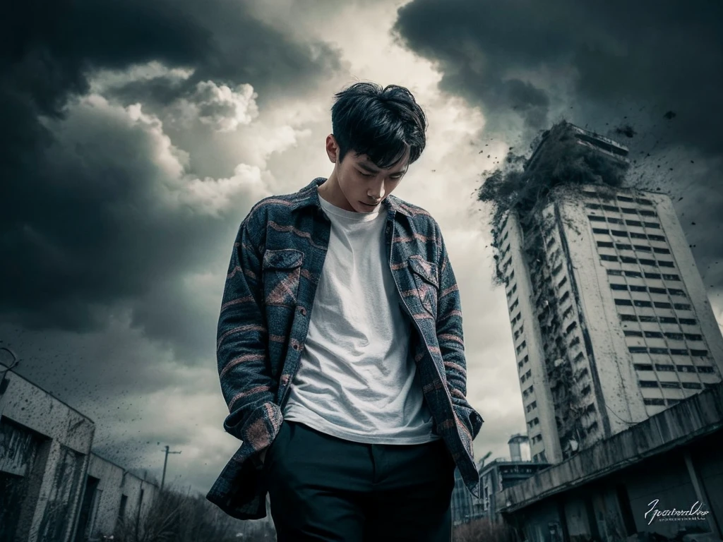 A striking, cinematic portrait of a young Korean man, captured from an aerial perspective. He stands tall and confident, dressed in a flannel shirt and a white t-shirt, against the backdrop of a somber and dramatic landscape. Dark clouds loom overhead, casting a gloomy light on the scene, while a towering building seems to be on the verge of collapse. The atmosphere is heavy with foreboding, and the color palette is dominated by shades of gray, black, and dark blue. The photograph captures a poignant moment in time, blending fashion and emotion in a powerful visual statement., portrait photography, cinematic, fashion, photo