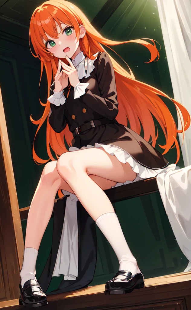 (best quality,high resolution,Beautiful and delicate eyes,White lighting:1.2),Green Eyes, Looking at the audience, Long hair, Orange Hair,leather shoes, Black footwear,White socks, blush, Long sleeve, Bangs, open mouth, Black Hair, Orange Hair, white skirt, Ruffles, skirt