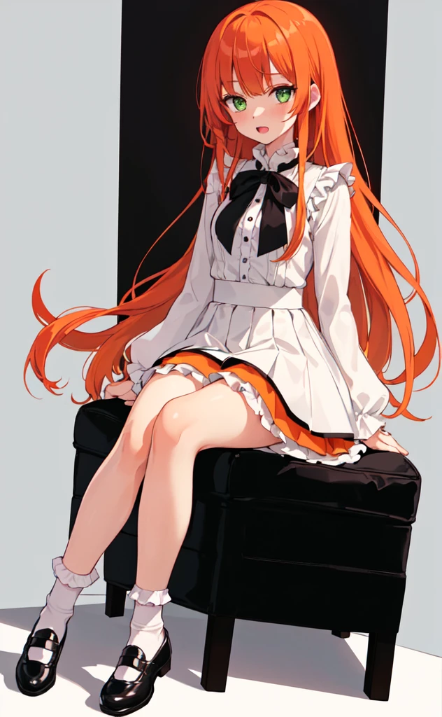 (best quality,high resolution,Beautiful and delicate eyes,White lighting:1.2),Green Eyes, Looking at the audience, Long hair, Orange Hair,leather shoes, Black footwear,White socks, blush, Long sleeve, Bangs, open mouth, Black Hair, Orange Hair, white skirt, Ruffles, skirt